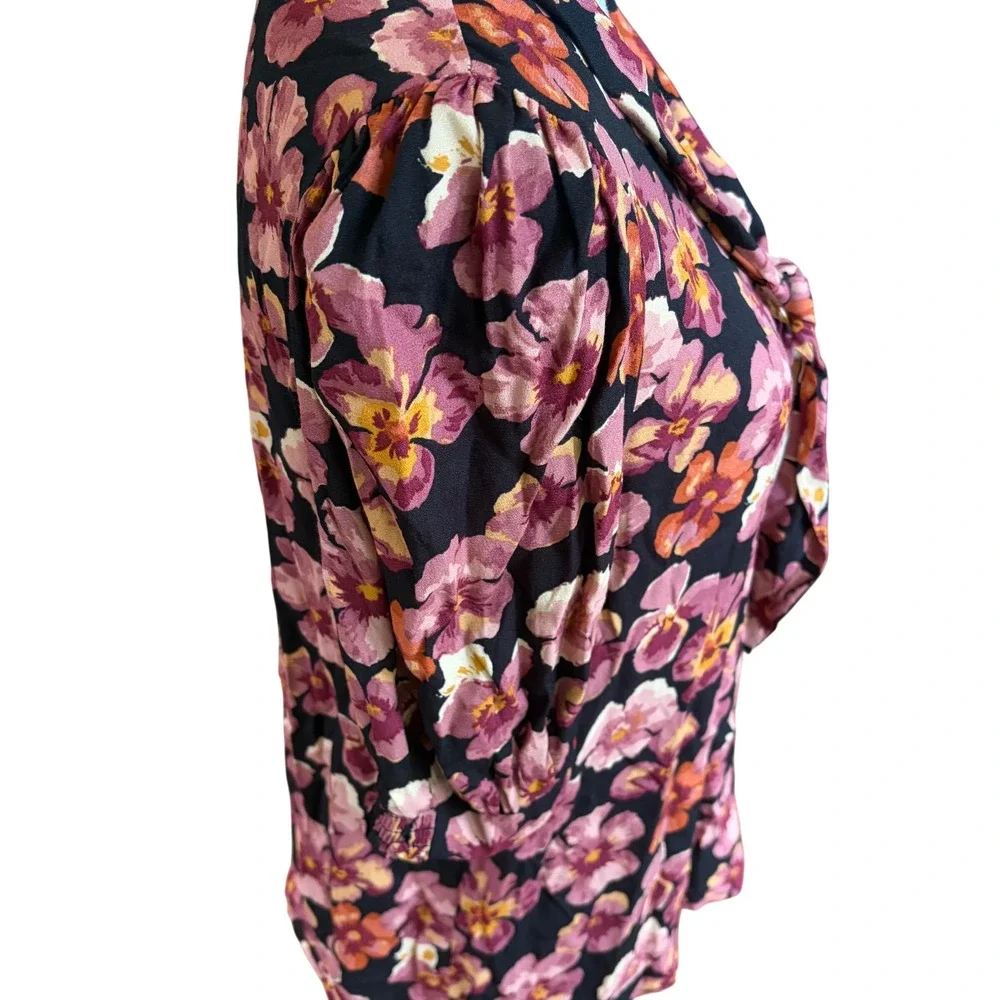 Reformation Joelle Floral Tie Neck Blouse Pansy Romantic Short Sleeve Large Boho